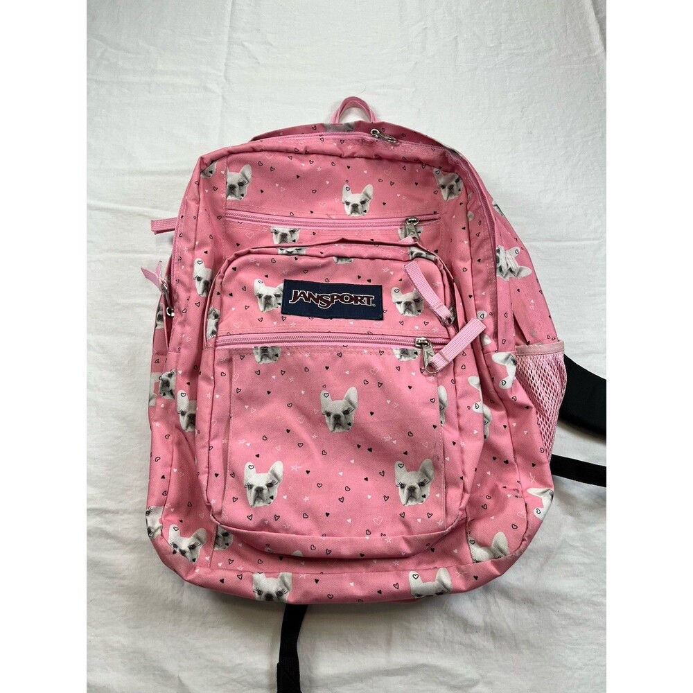 JanSport Big Student Backpack Fierce Frenchies Pink Dog Pattern School Bookbag